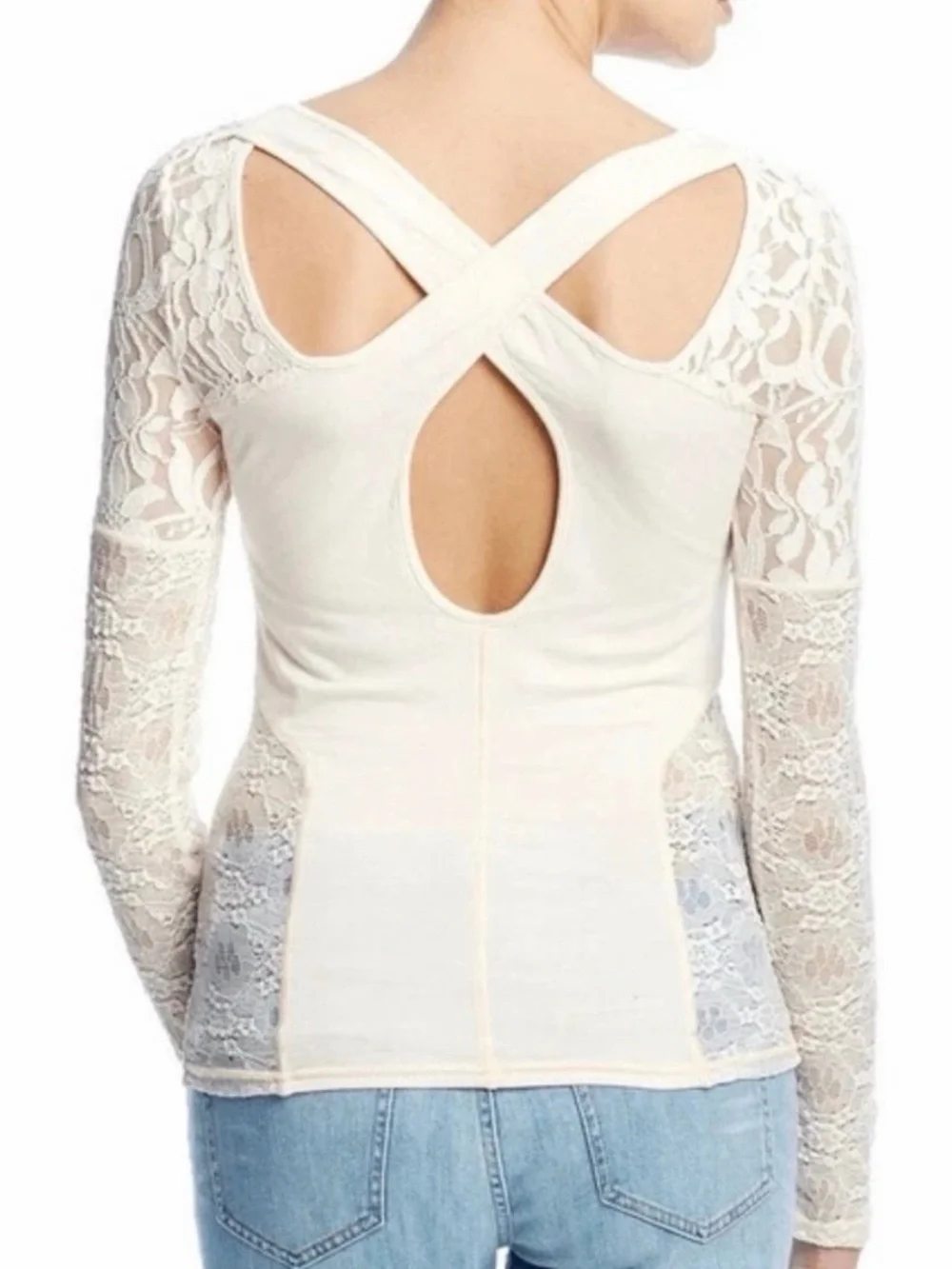 Free People Sweet Thang Cream Lace Yoke Long Sleeve Tee